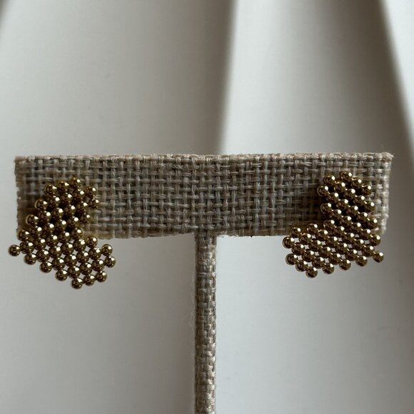 Gold Heart Shape Beaded Honeycomb Earrings Stainless Steel Stud Post Back - Picture 7 of 7